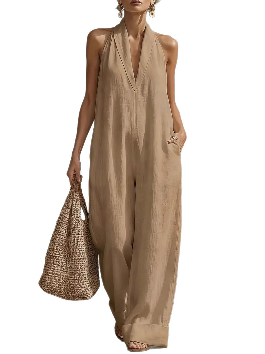 High Waisted Sleeveless Pockets Solid Color V-Neck Jumpsuits
