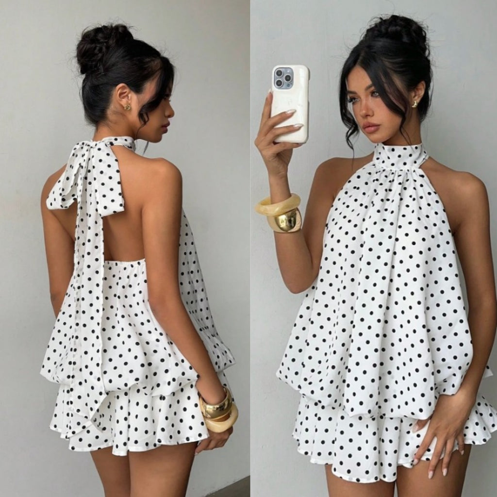 Women's Chiffon Halter Mini Dress – High-Waist Open-Back A-Line Dress