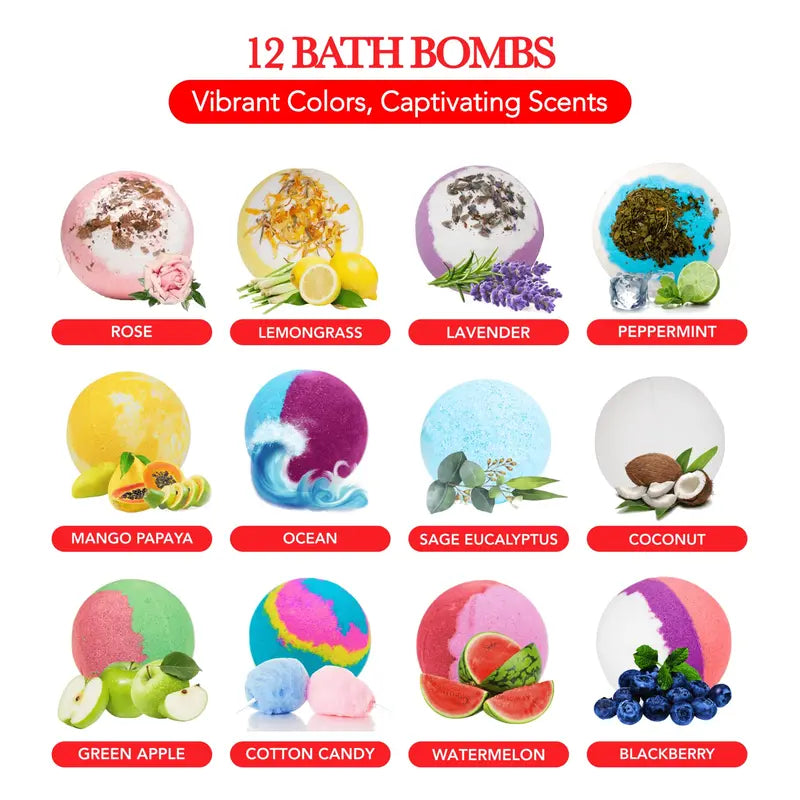 Handmade Bath Bombs 12 - Vegan & Cruelty-Free, Natural Botanicals, Multi-Pack 110g