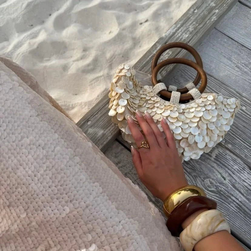 Handmade Shell Handbag Pearl Shell Tote Bag with Wooden Handle