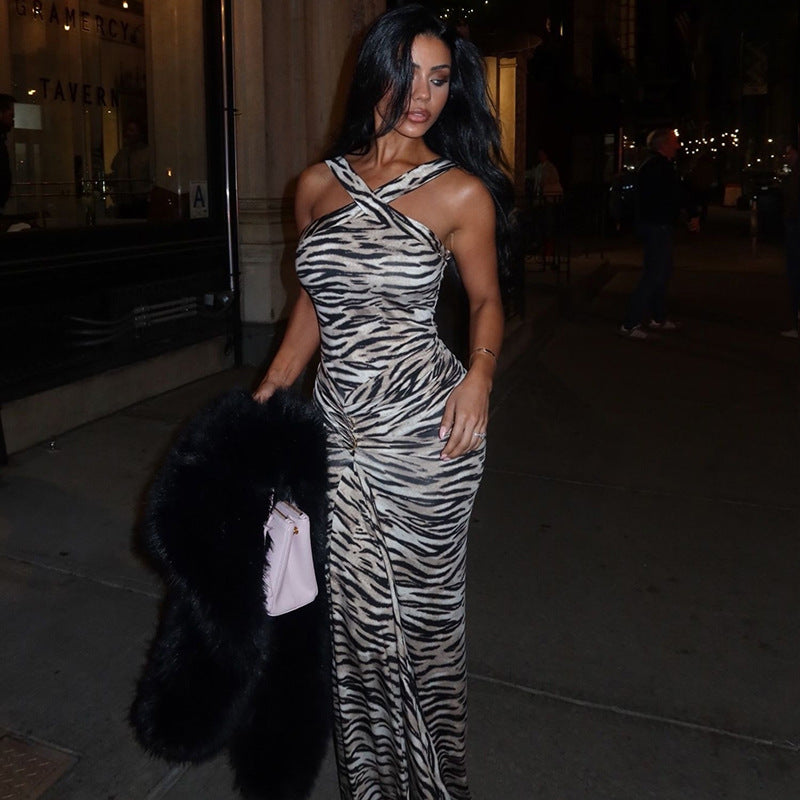 Women Streetwear Printed Leopard Print Hip Dress Cross Strap Sleeveless Slim Dress