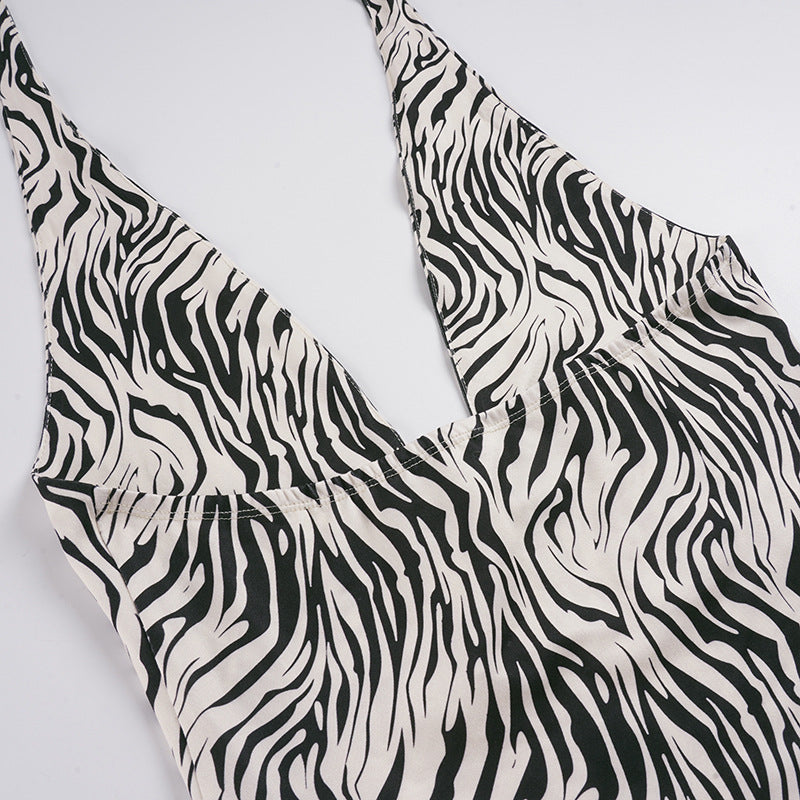 Animal Print Irregular Asymmetric Backless Deep V Plunge Halter Dress Street Sexy