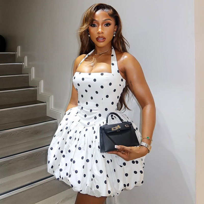 Black White Women Printed Wear Polka Dot Cinched Pleated A line Dress Halter Short Sleeveless Dress Tide