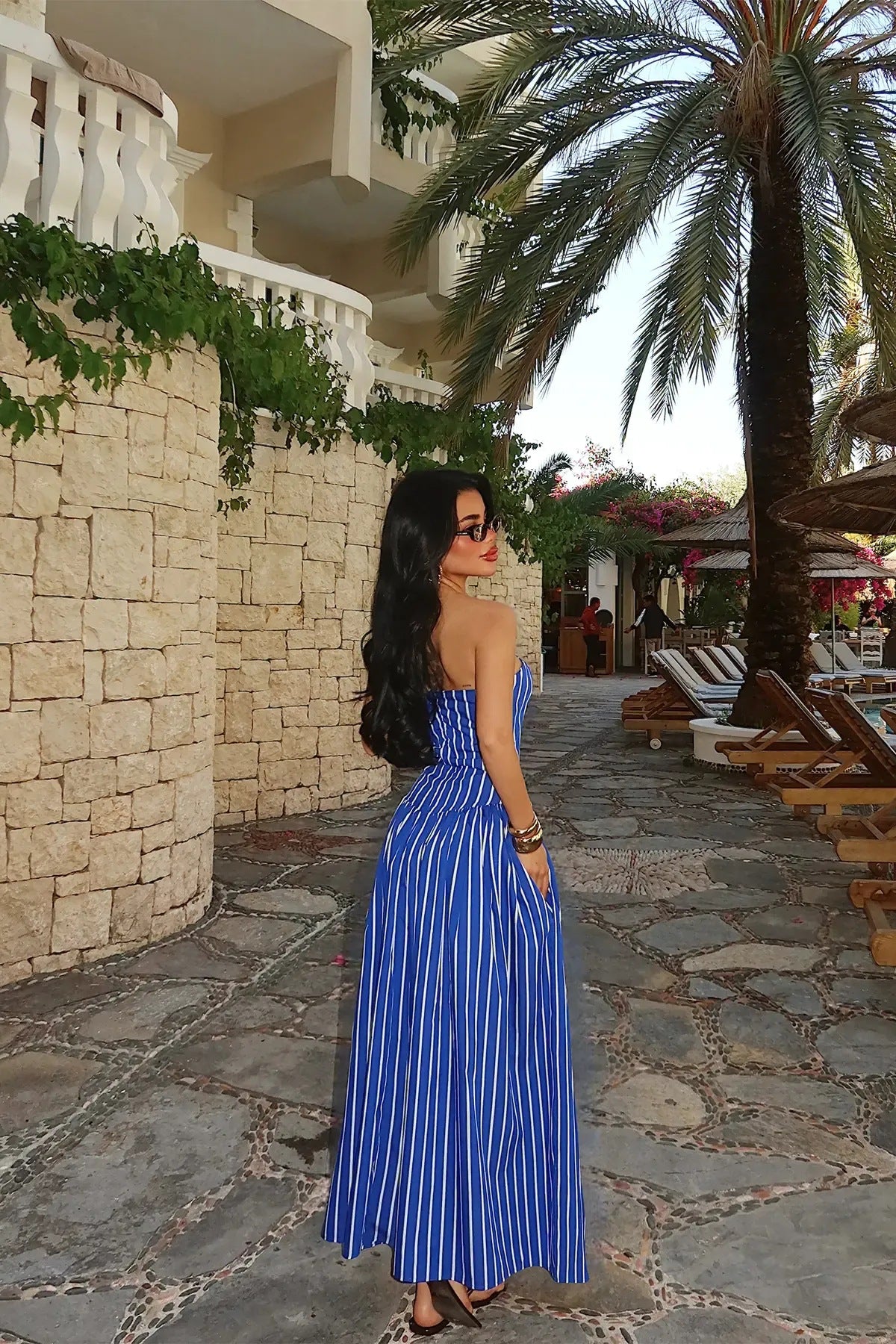 Dress Striped Print Wrapped Chest Nipped Waist Sexy Large Swing Dress