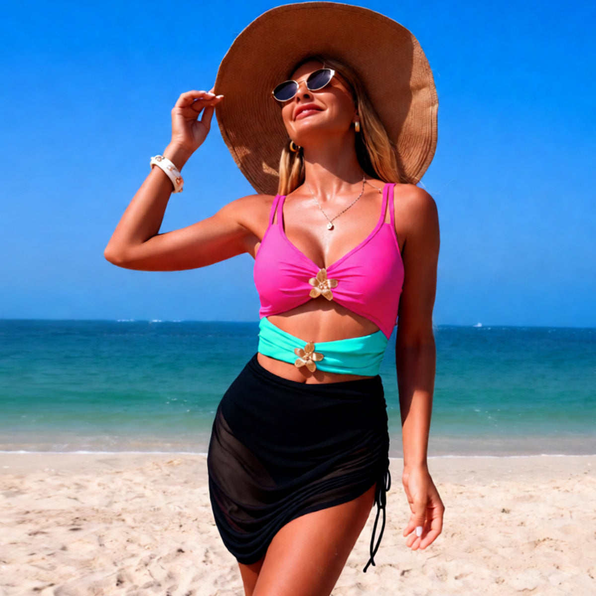 One Piece Swimsuit Women Color Matching Mesh Sexy Bikini