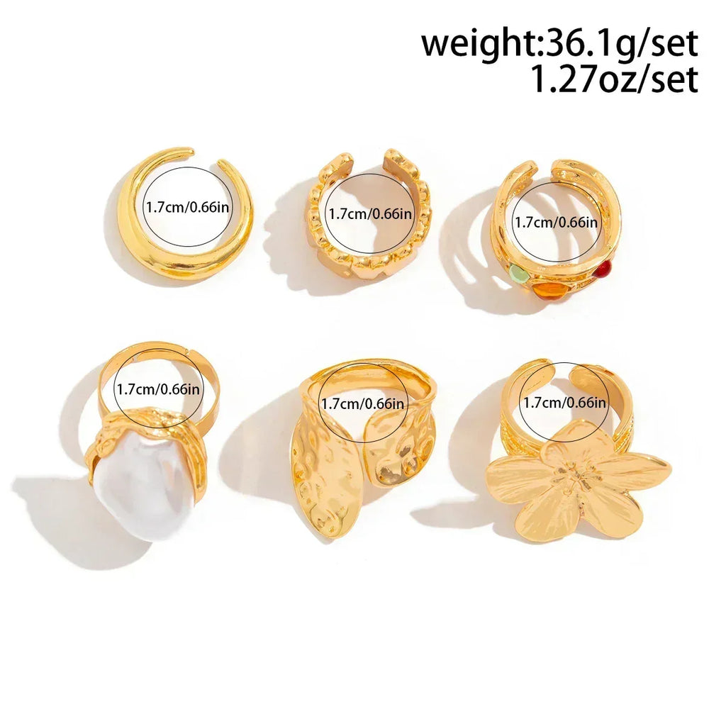 Ingemark 2025 New Irregular Exaggerated Metal Flower Open Rings Women Elegant Baroque Imitation Pearl Ring Jewelry Accessories
