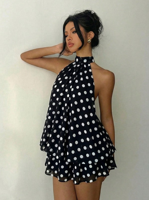 Women's Chiffon Halter Mini Dress – High-Waist Open-Back A-Line Dress