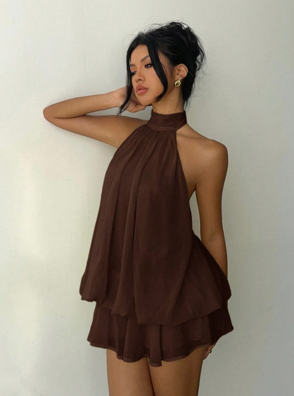 Women's Chiffon Halter Mini Dress – High-Waist Open-Back A-Line Dress