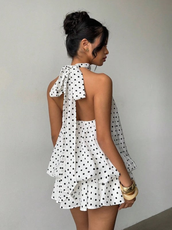 Women's Chiffon Halter Mini Dress – High-Waist Open-Back A-Line Dress