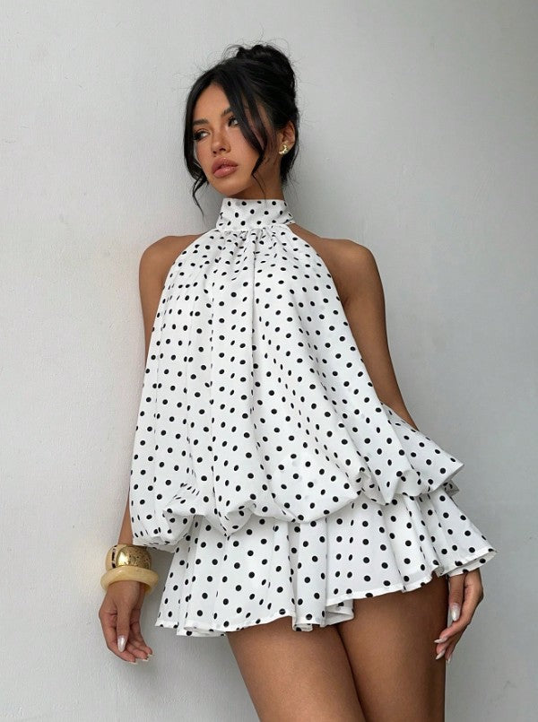 Women's Chiffon Halter Mini Dress – High-Waist Open-Back A-Line Dress