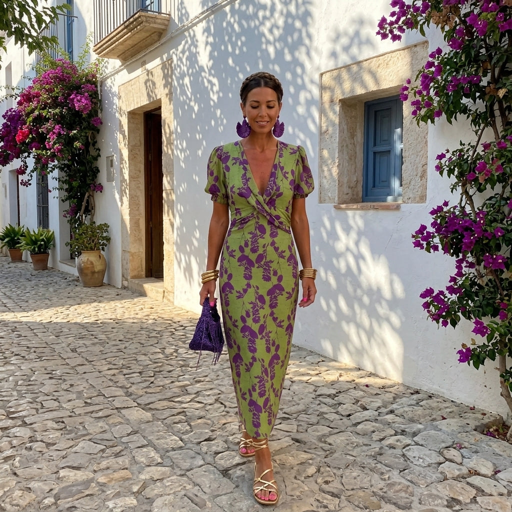 Women's Ruched Maxi Dress – V-Neck Short Sleeve, Form-Fitting Printed Elegant