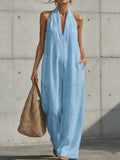High Waisted Sleeveless Pockets Solid Color V-Neck Jumpsuits