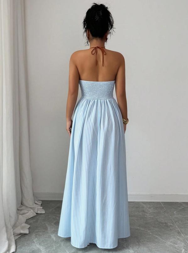 Casual Sleeveless Halter Fitted Waist Striped Color Matching Long Maxi Dress