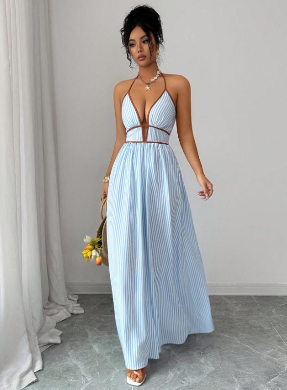 Casual Sleeveless Halter Fitted Waist Striped Color Matching Long Maxi Dress